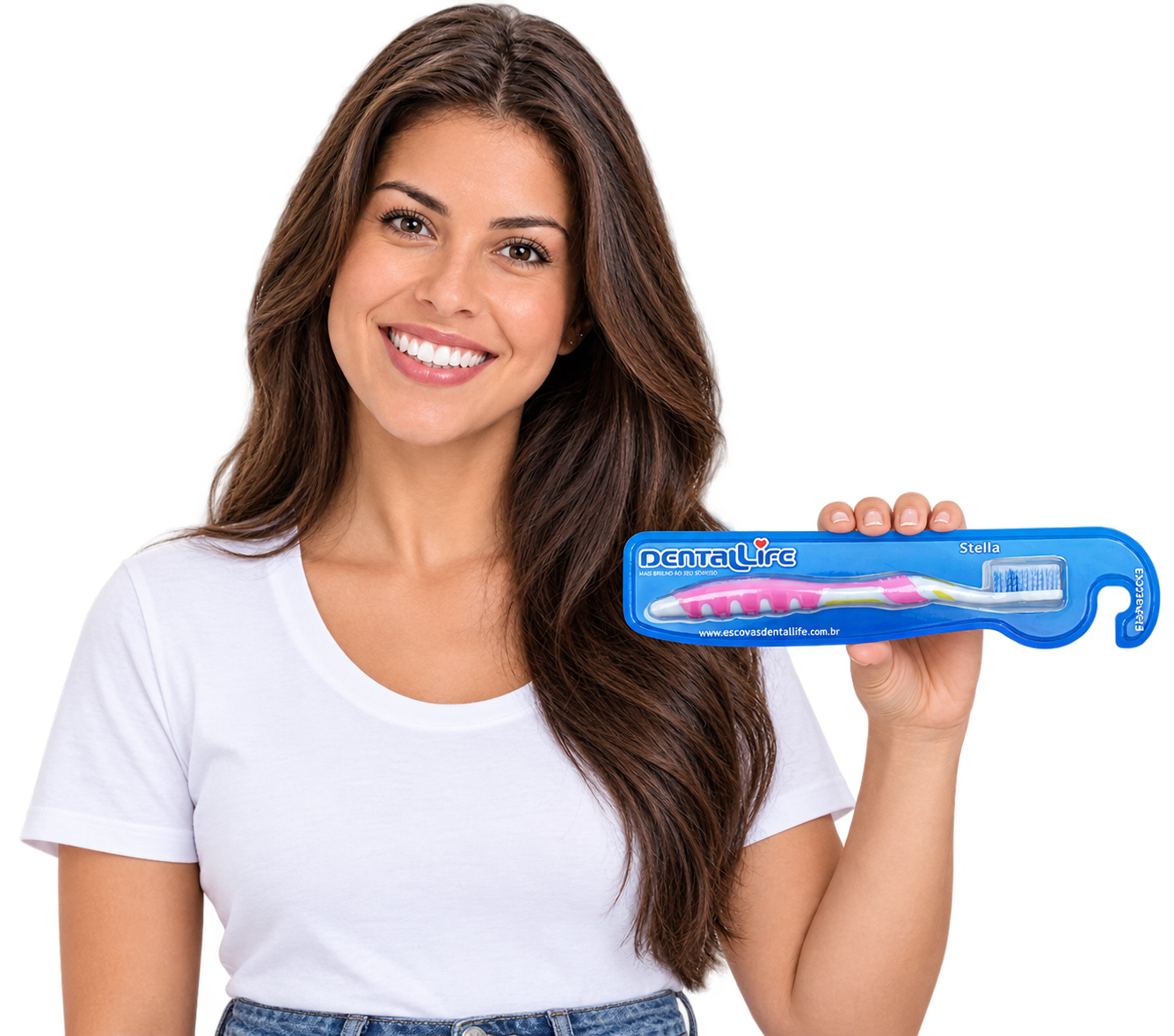 Mulher sorridente segurando escova Dentalife